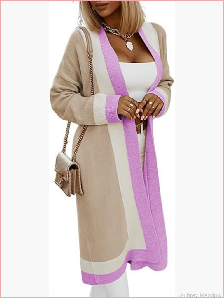Color Block Open Front Cardigan Sweater Casual Loose Knitted Long Coatigan Coat